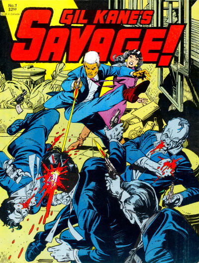 The white haired Savage is in the middle of the cover, just having kicked a thug so hard he flew backwards while having shot another one in the face, his skull bursting open at the back. A third thug is firing behind him, while on his right the last thig has been shot in the chest and is clutching it in vain. Behind Savage a girl is leaning back in horror.